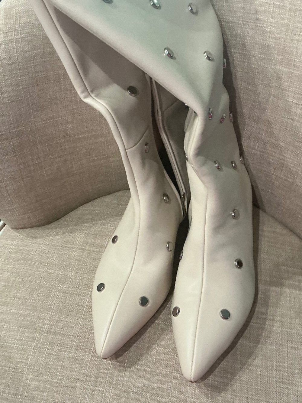 White Studded Knee-High Pointed Toe Boots